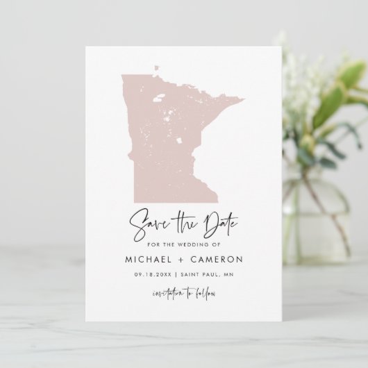 Blush Pink Minnesota Map Minimalist Script Weddens Save The Date (Staand voorkant)