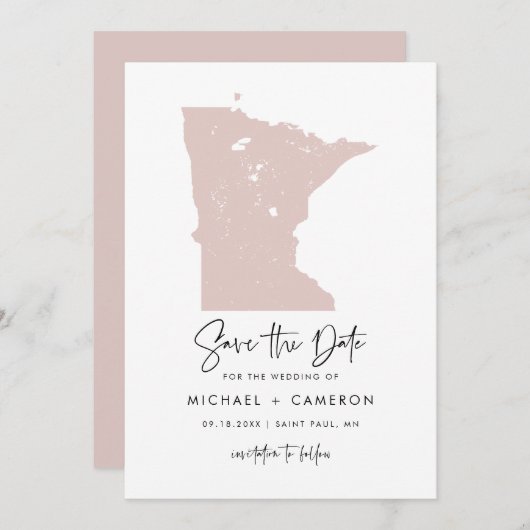 Blush Pink Minnesota Map Minimalist Script Weddens Save The Date (Voorkant / Achterkant)