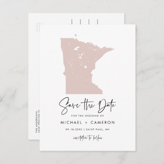 Blush Pink Minnesota Map Modern Save the Date Aankondigingskaart (Voorkant / Achterkant)