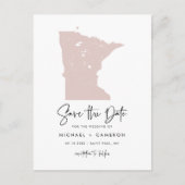 Blush Pink Minnesota Map Modern Save the Date Aankondigingskaart (Voorkant)
