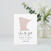 Blush Pink Minnesota Map Modern Save the Date Aankondigingskaart (Staand voorkant)