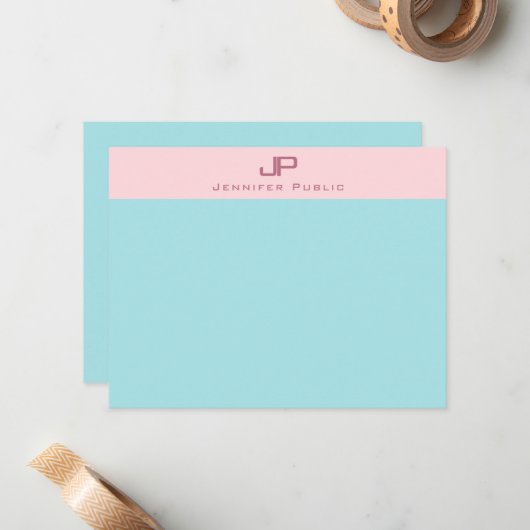 Blush Pink Mint Blue Monogram Simple Elegant Notitiekaartje (Voorkant / Achterkant in situ)