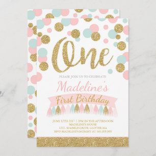 Blush Pink Mint en Gold 1e verjaardag uitnodiging