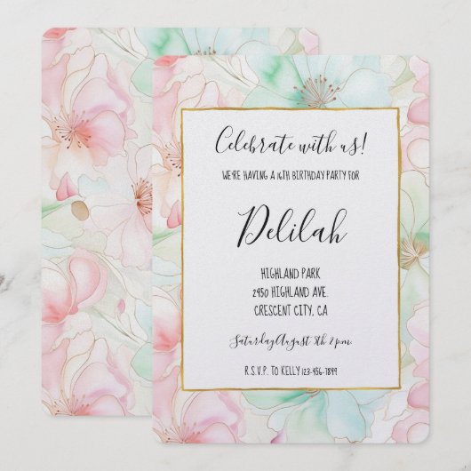 Blush Pink Mint Flowers Birthday Kaart (Voorkant / Achterkant)