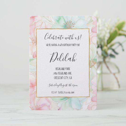 Blush Pink Mint Flowers Birthday Kaart (Staand voorkant)