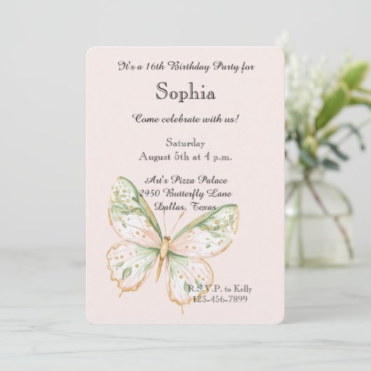 Blush Pink Mint Green Gold Butterfly Birthday Kaart (Staand voorkant)
