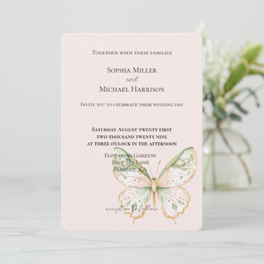 Blush Pink Mint Green Gold Butterfly Wedding Kaart (Staand voorkant)