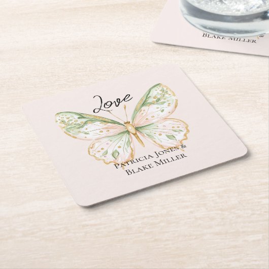 Blush Pink Mint Green Gold Butterfly Wedding Kartonnen Onderzetters (Schuin)