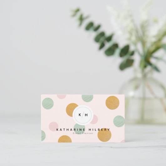 Blush Pink Mint Green Gold Polka Dot Visitekaartje (Staand voorkant)