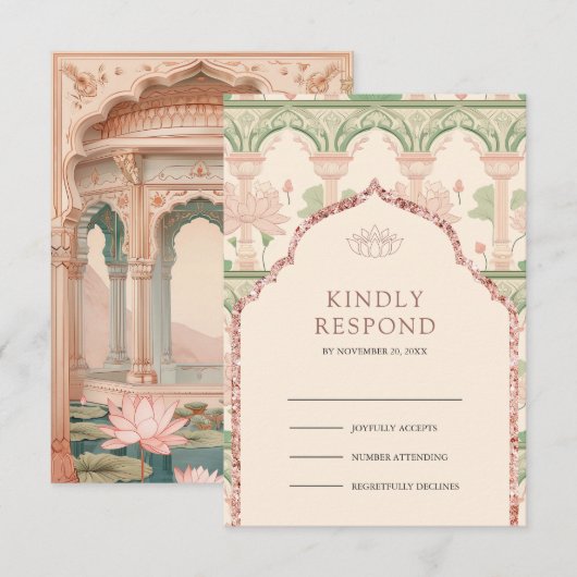 Blush Pink Mint Green Lotus Garden Indian Wedding RSVP Kaartje (Voorkant / Achterkant)