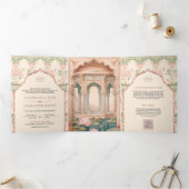 Blush Pink Mint Green Lotus Garden Indiase bruilof Drieluik Uitnodiging (Binnen)