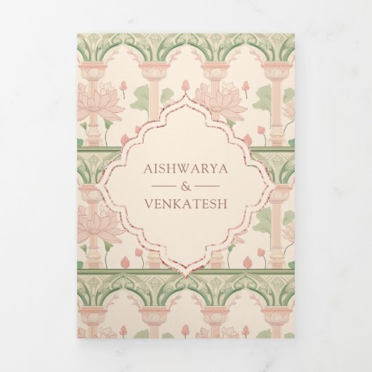 Blush Pink Mint Green Lotus Garden Indiase bruilof Drieluik Uitnodiging (Cover)