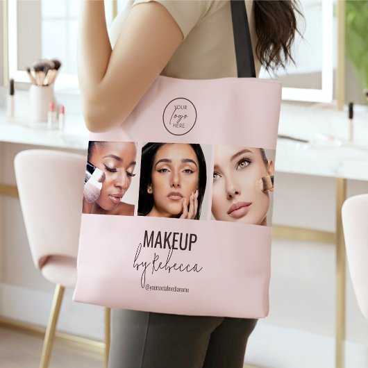 Blush Pink Modern 3 Photo Makeup Studio Logo Tote Bag