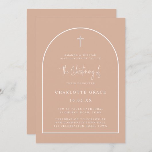 Blush Pink Modern Arch Script Minimal Christening Kaart (Voorkant / Achterkant)