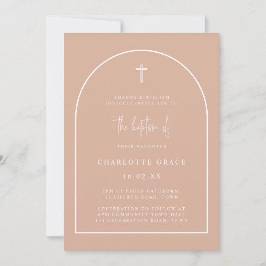Blush Pink Modern Arch Script Minimalist Baptisme Kaart (Voorkant)