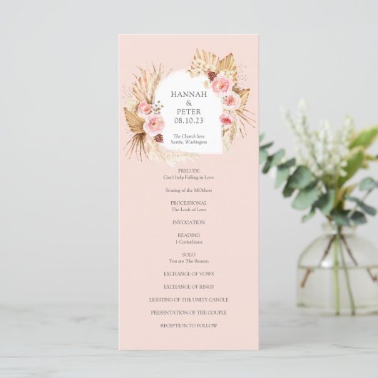 Blush Pink Modern Boho Pampas Grass Floral-program (Staand voorkant)