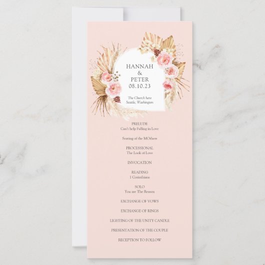 Blush Pink Modern Boho Pampas Grass Floral-program (Voorkant)