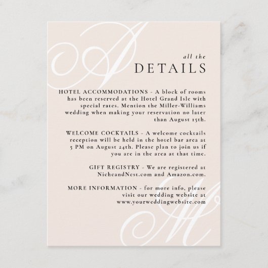 Blush Pink Modern Edge Elegant Monogram Details Informatiekaartje (Voorkant)