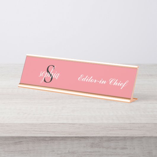 Blush Pink Modern Elegant Monogram Name Script Bureau Naambordje (Voorkant)