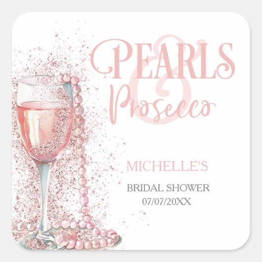 Blush Pink Modern Glitter Parels en Prosecco Vierkante Sticker (Voorkant)