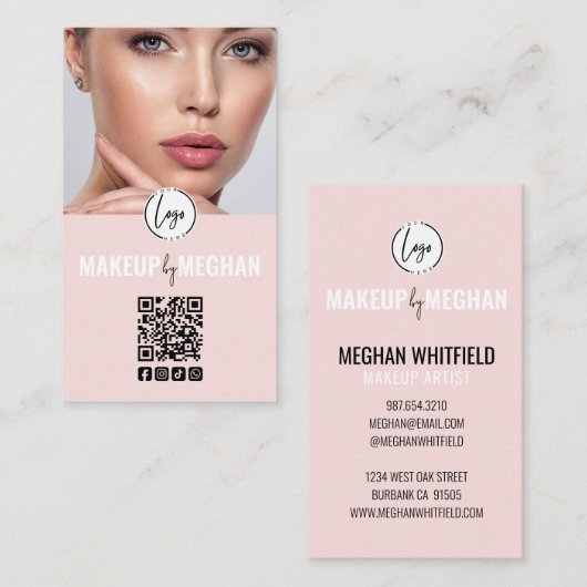 Blush Pink Modern Logo QR Code Photo Makeup Busine Visitekaartje (Voorkant / Achterkant)