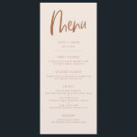 Blush Pink Modern Minimalist Weddenschap Menu<br><div class="desc">Moderne,  minimalistische menukaart voor het huwelijksdiner met boho script font. De kleur op de achtergrond is zwart roze met terracotta teksten.</div>
