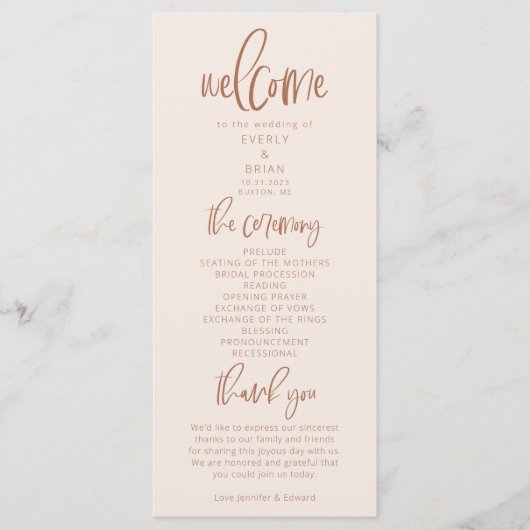 Blush Pink Modern Minimalist Wedding Programme Programmakaart (Voorkant)