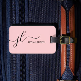 Blush Pink Modern Minimalistisch Monogram Script Bagagelabel