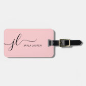 Blush Pink Modern Minimalistisch Monogram Script Bagagelabel (Voorkant horizontaal)