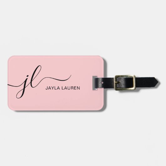Blush Pink Modern Minimalistisch Monogram Script Bagagelabel (Voorkant horizontaal)