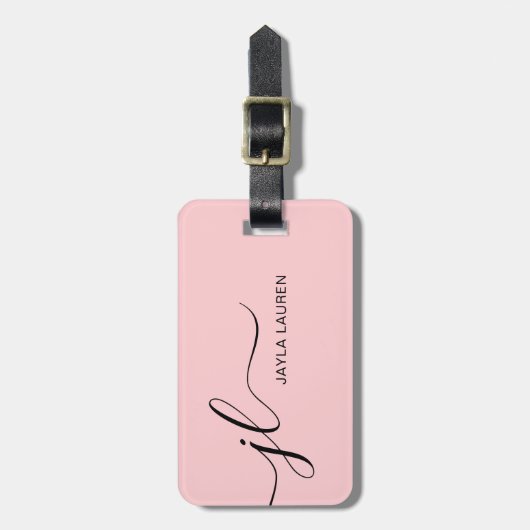 Blush Pink Modern Minimalistisch Monogram Script Bagagelabel (Voorkant verticaal)