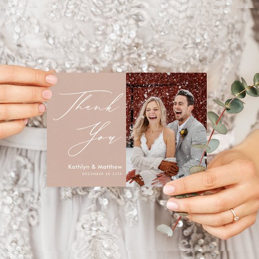 Blush Pink Modern Photo Elegant Script Wedding Bedankkaart