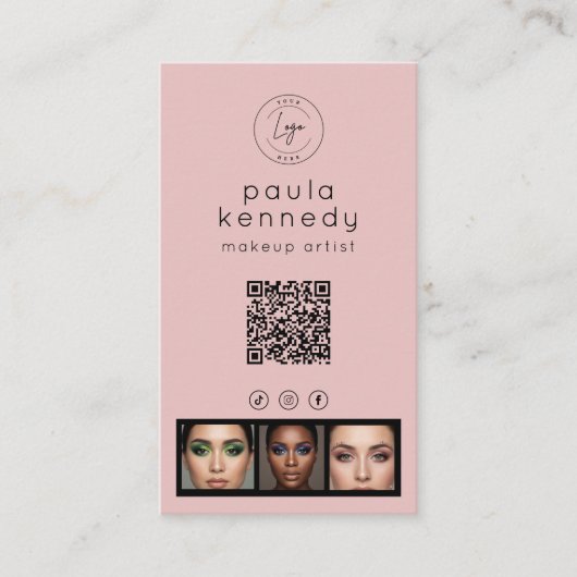 Blush Pink Modern Photo Logo QR Code Visitekaartje (Voorkant)