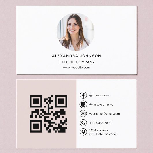 Blush Pink Modern Photo with QR Code Social Media Visitekaartje