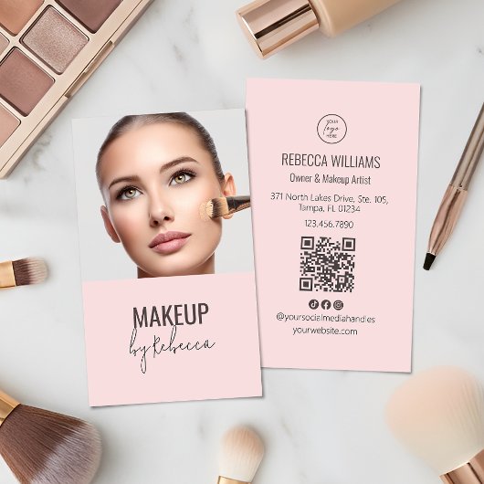 Blush Pink Modern Script Font QR Code Photo Makeup Visitekaartje
