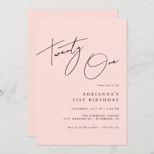 Blush Pink | Modern Script Girly 21st Verjaardag Kaart (Voorkant / Achterkant)