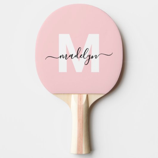 Blush Pink Modern Script Naam Girly Monogram Tafeltennisbatje (Voorkant)