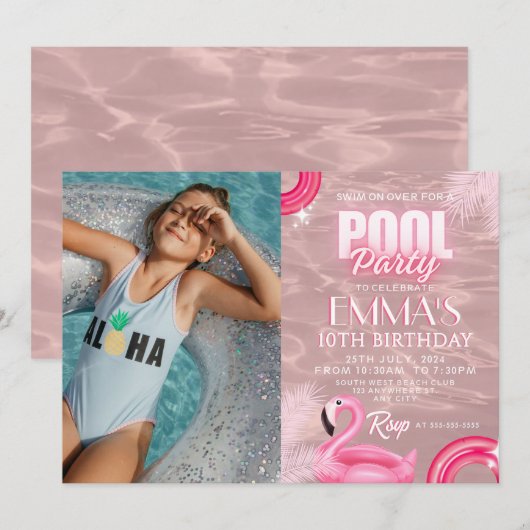 Blush Pink Modern Script Pool Verjaardagsfeest Kaart (Voorkant / Achterkant)