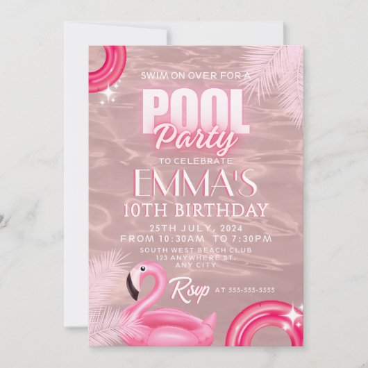 Blush Pink Modern Script Pool Verjaardagsfeest Kaart (Voorkant)