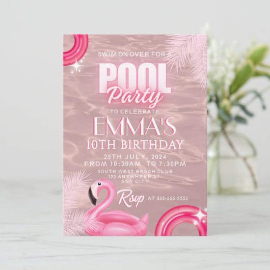 Blush Pink Modern Script Pool Verjaardagsfeest Kaart (Staand voorkant)