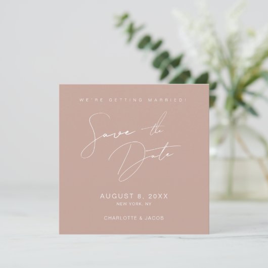 Blush Pink Modern Script Wedding Sla de datum op Kaart (Staand voorkant)