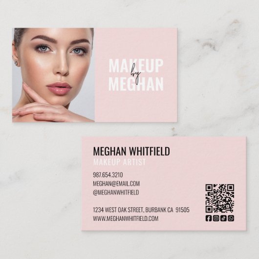 Blush Pink Modern Social Icon QR Code Photo Makeup Visitekaartje (Voorkant / Achterkant)