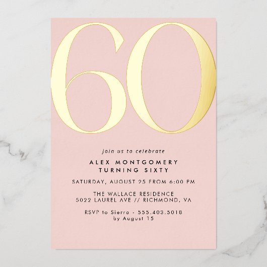 Blush Pink | Moderne Glam Vrouwen 60e Verjaardag Folie Uitnodiging (Voorkant)