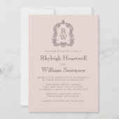 Blush Pink Monogram Crest QR Code Wedding Kaart (Voorkant)