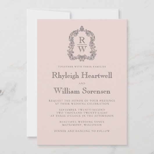 Blush Pink Monogram Crest QR Code Wedding Kaart (Voorkant)
