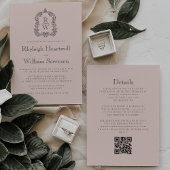 Blush Pink Monogram Crest QR Code Wedding Kaart