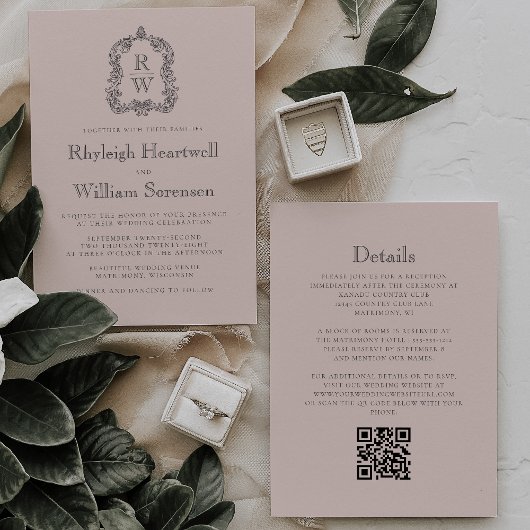 Blush Pink Monogram Crest QR Code Wedding Kaart