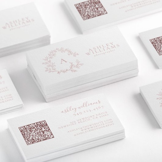 Blush Pink Monogram Floral Crest QR-code Visitekaartje