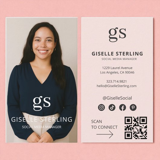 Blush Pink Monogram Foto Sociale Media QR Code Visitekaartje