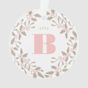Blush Pink Monogram Holly Wreath Weddenfoto Ornament